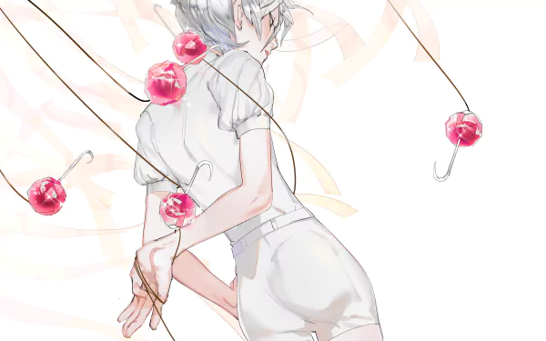 4K Ultra HD anime wallpaper featuring Antarcticite from Land of the Lustrous, showcasing a delicate and ethereal character design with floating cherries on a soft background.