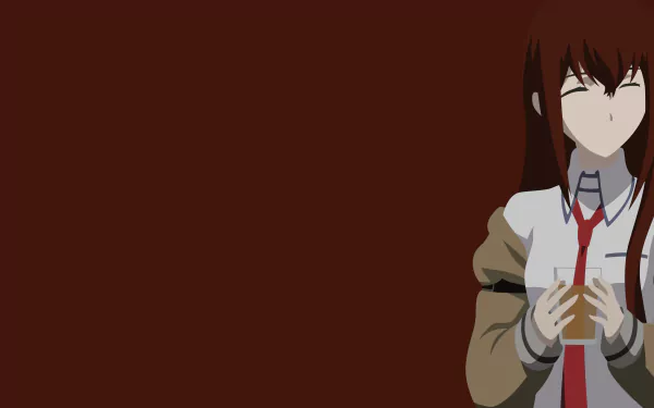 4K Ultra HD PC wallpaper featuring Kurisu Makise from the anime Steins;Gate, set against a solid brown background with a calm and contemplative pose.
