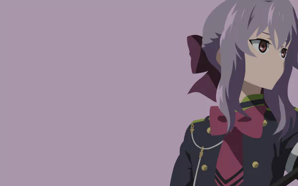 A minimalist 4K Ultra HD wallpaper featuring Shinoa Hīragi from Seraph of the End, showcasing her brown eyes and distinctive hairstyle against a muted background.