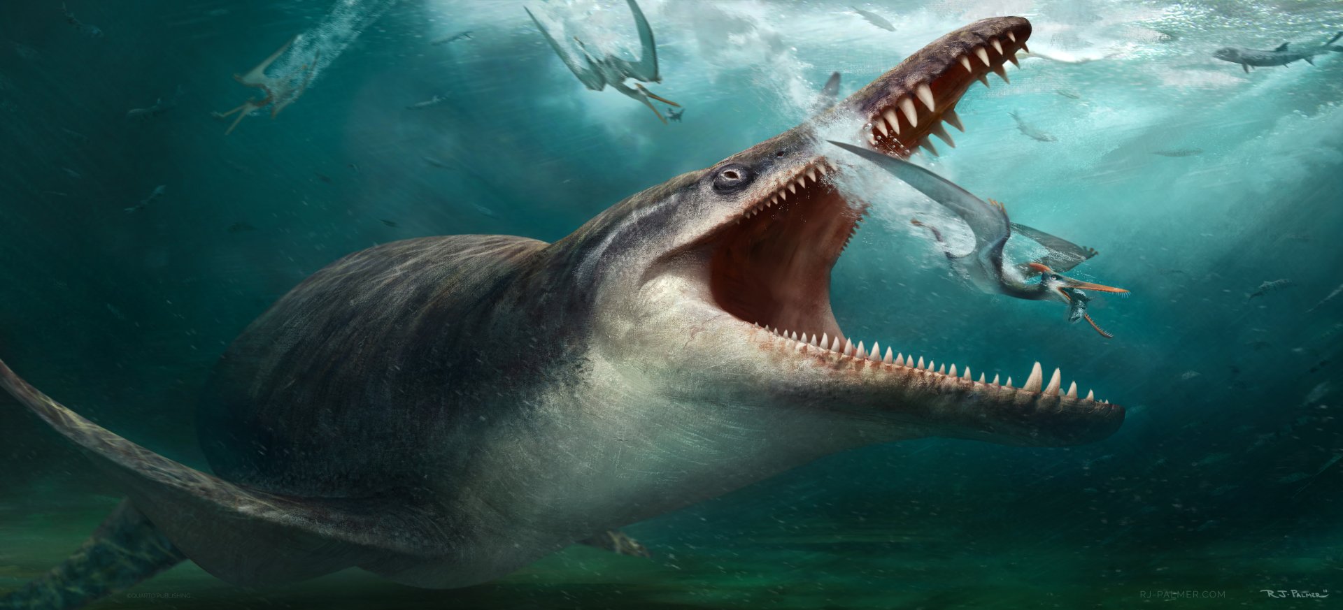 4K Ultra HD PC desktop wallpaper depicting a prehistoric marine scene with a large, sharp-toothed dinosaur catching smaller aquatic reptiles underwater.