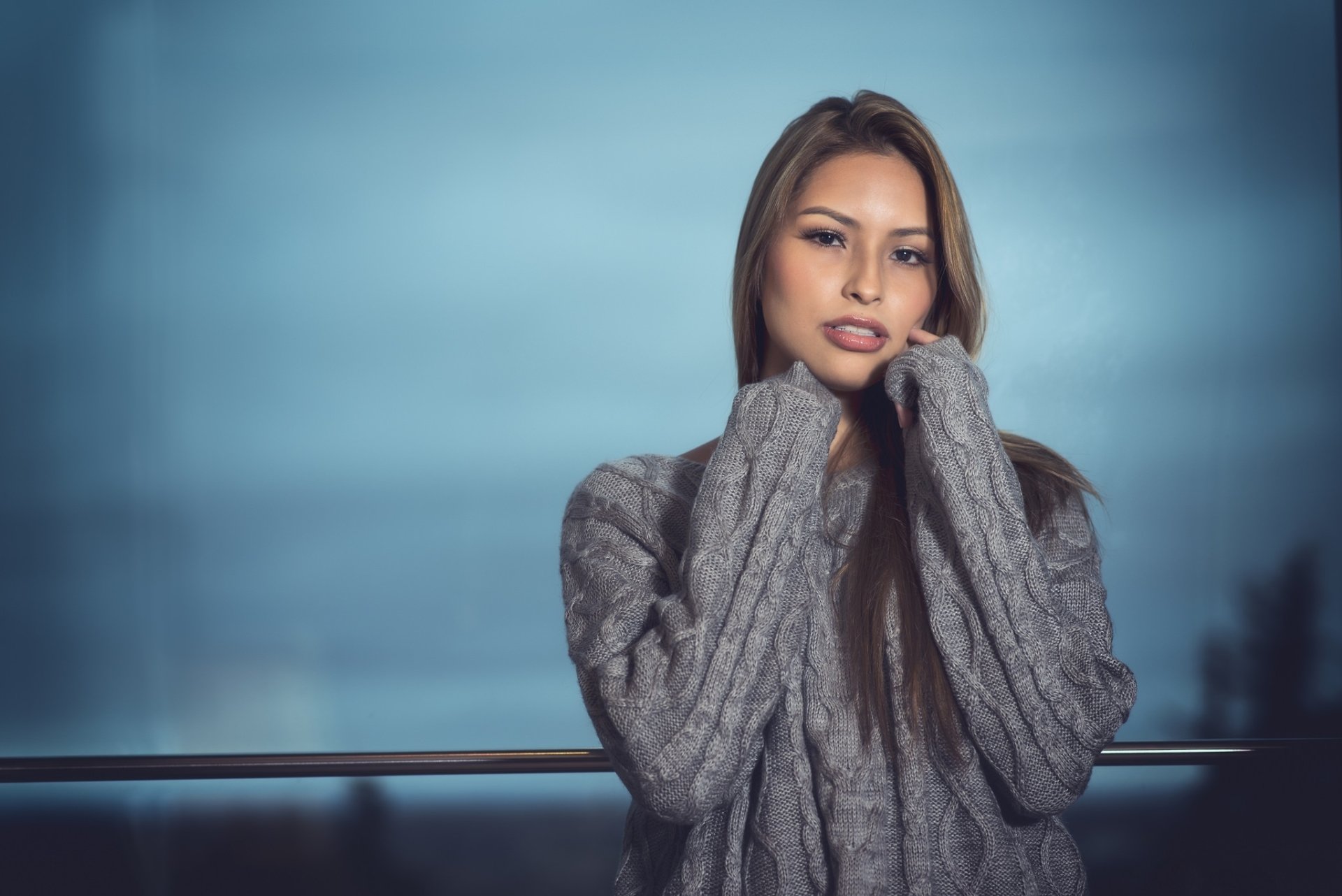 Download Sweater Brown Eyes Smile Brunette Woman Model HD Wallpaper by Javier Garrido