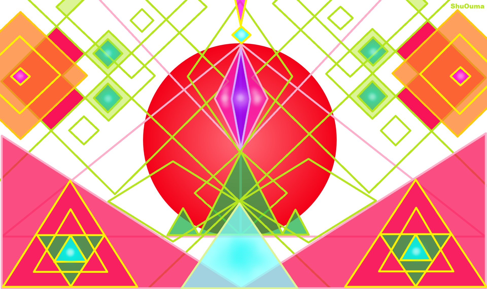 HD desktop wallpaper featuring a vibrant abstract geometric design with a central circle, surrounding squares, and triangle patterns in vivid colors.