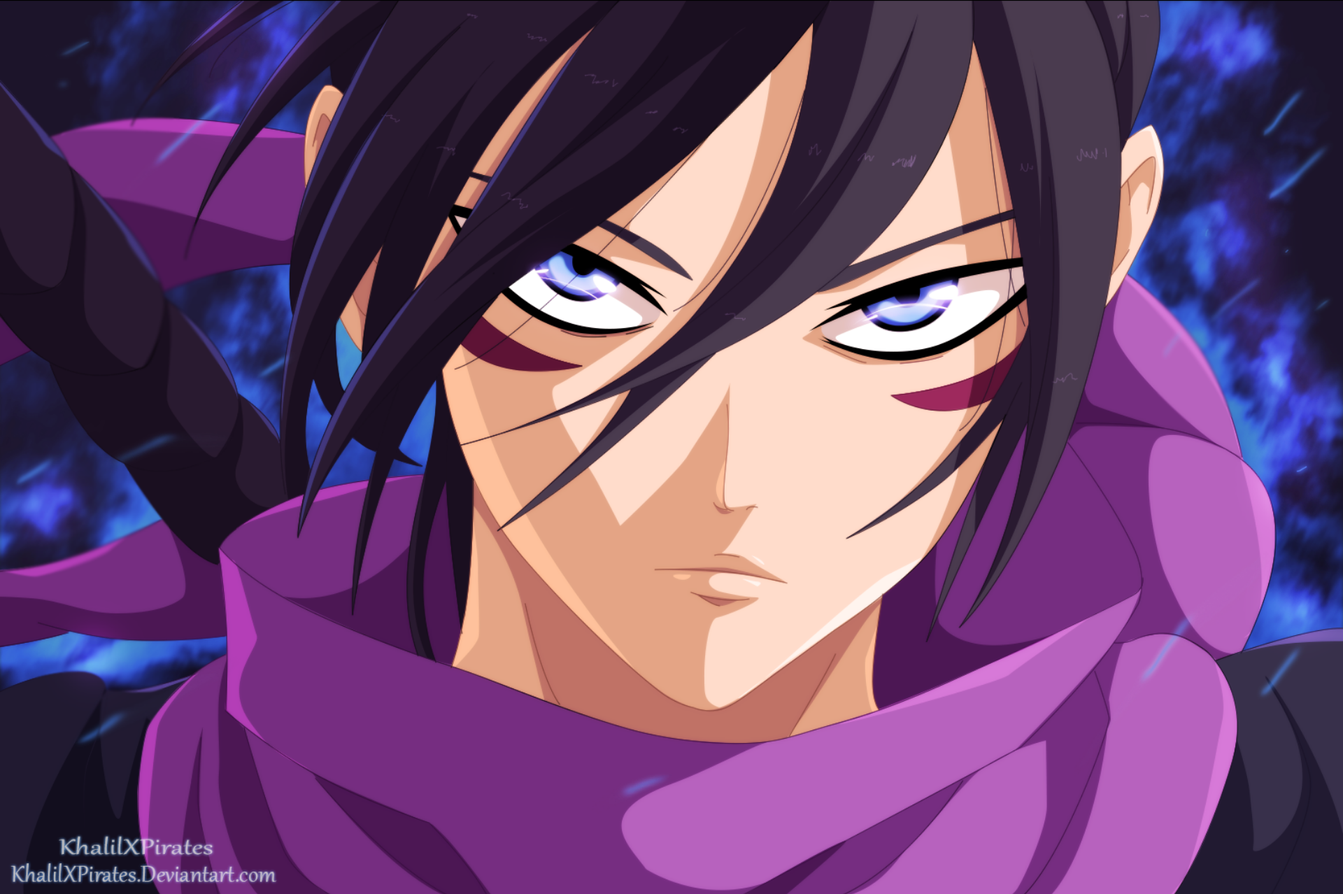 Close-up of Sonic (One-Punch Man) in anime style, piercing eyes and purple scarf amid blue energy — HD PC desktop wallpaper/background.