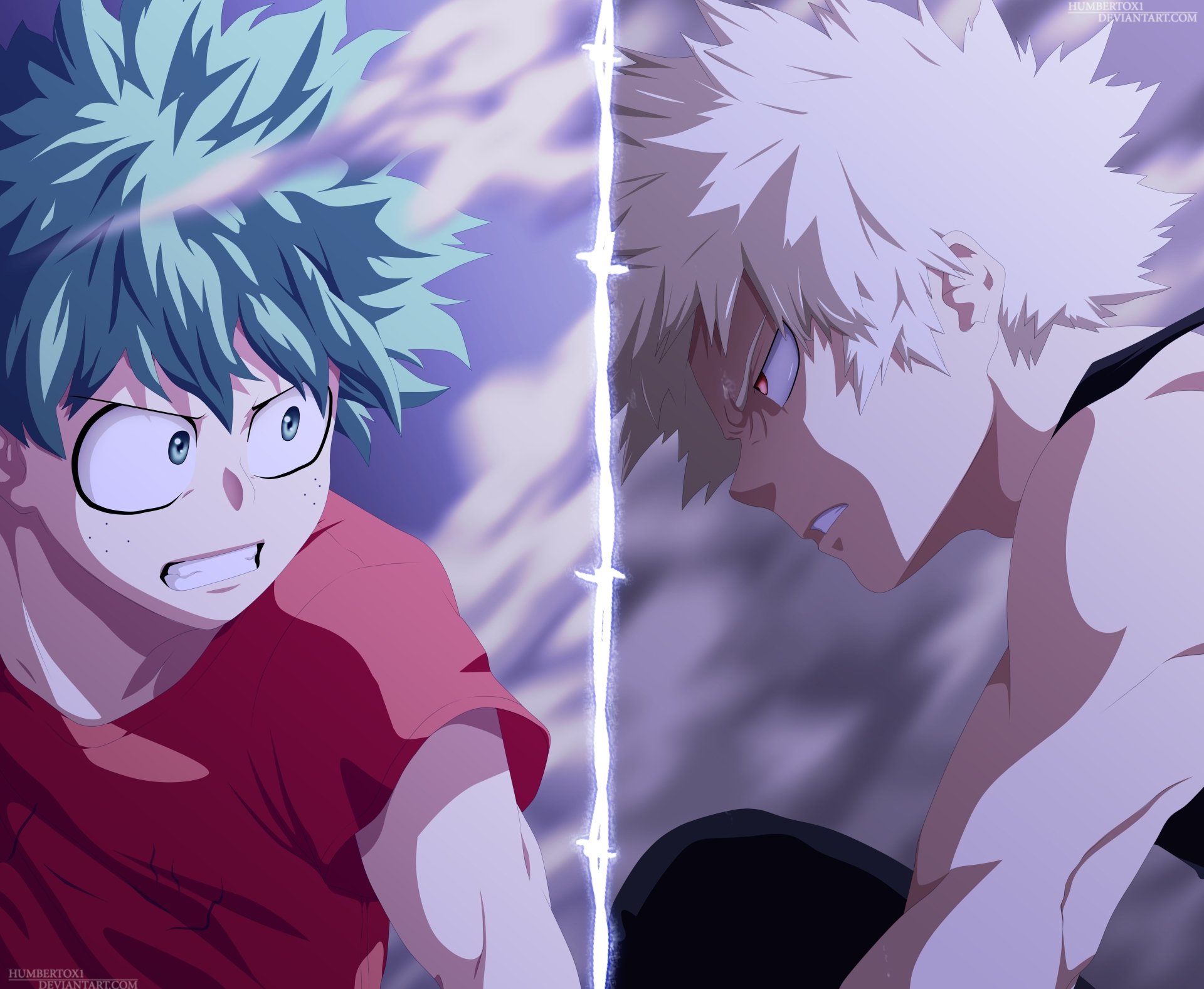 4K Ultra HD My Hero Academia anime wallpaper featuring intense standoff between Izuku Midoriya and Katsuki Bakugou.