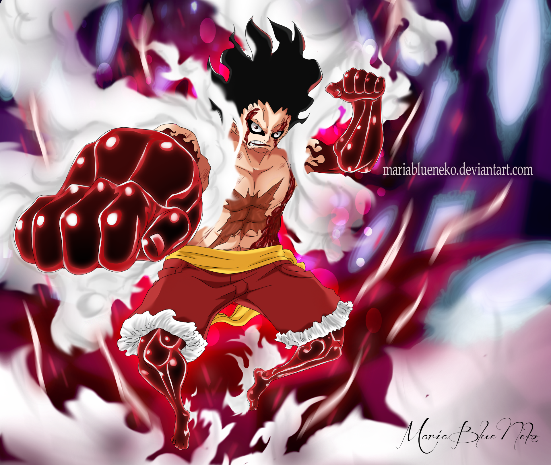 HD PC wallpaper featuring Monkey D. Luffy in Gear Fourth pose from the anime One Piece, showcasing dynamic energy and powerful combat readiness.