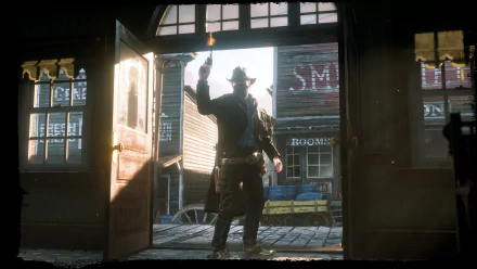 Arthur Morgan from Red Dead Redemption 2 stands in a doorway, silhouetted by bright sunlight, depicted in a detailed 4K Ultra HD PC desktop wallpaper.