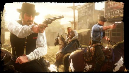 Arthur Morgan and Dutch van der Linde from Red Dead Redemption 2 aiming guns while on horseback in a dusty, Wild West town, rendered in 4K Ultra HD.
