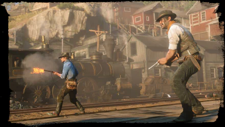 Arthur Morgan and Javier Escuella fire pistols beside a steaming locomotive in a dusty frontier town — Red Dead Redemption 2 4K Ultra HD PC desktop wallpaper.