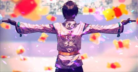 HD anime-style original artwork of a character viewed from behind with outstretched arms, surrounded by colorful floating objects, designed as a PC desktop wallpaper.