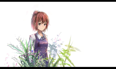 HD anime desktop wallpaper featuring Yui Yuigahama from My Teen Romantic Comedy SNAFU, standing amidst soft greenery and floral elements on a white background.