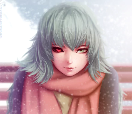 HD wallpaper featuring Eto Yoshimura from Tokyo Ghoul:re. She has green hair, heterochromia with one red and one green eye, and a serene expression, all set against a snowy background.