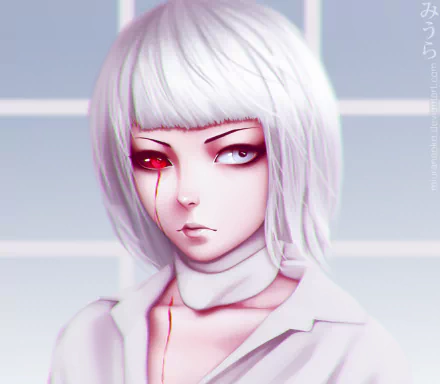 HD PC desktop wallpaper featuring Nashiro Yasuhisa from the anime Tokyo Ghoul, showcasing a close-up of her pale face with distinctive white hair and a red eye.
