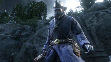 4K Ultra HD desktop wallpaper from the video game Red Dead Redemption 2, featuring a character in a dark coat and hat holding a revolver against a rocky, forested background.