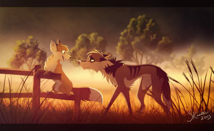 8K Ultra HD PC desktop wallpaper: a stylized fantasy animal scene of a fox on a bench and a wolf in glowing sunset grass.