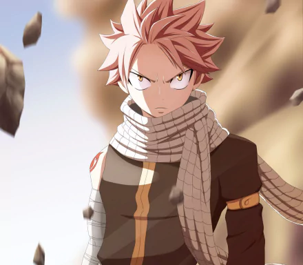 HD PC desktop wallpaper featuring Natsu Dragneel from the anime Fairy Tail, depicted with intense eyes and signature scarf in a dynamic, action-ready pose.