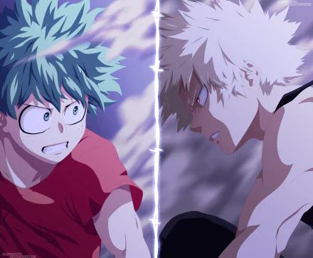 4K Ultra HD My Hero Academia anime wallpaper featuring intense standoff between Izuku Midoriya and Katsuki Bakugou.