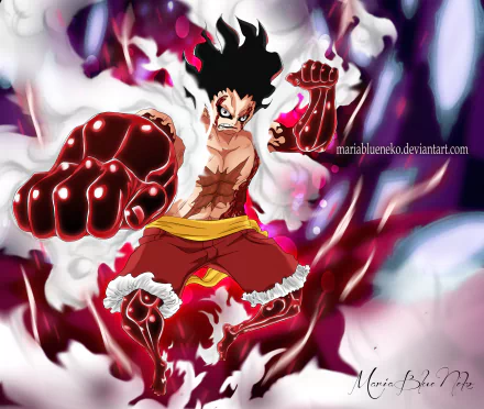 HD PC wallpaper featuring Monkey D. Luffy in Gear Fourth pose from the anime One Piece, showcasing dynamic energy and powerful combat readiness.