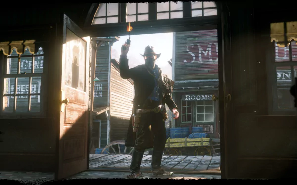 Arthur Morgan from Red Dead Redemption 2 stands in a doorway, silhouetted by bright sunlight, depicted in a detailed 4K Ultra HD PC desktop wallpaper.