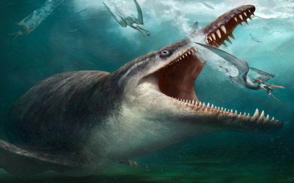 4K Ultra HD PC desktop wallpaper depicting a prehistoric marine scene with a large, sharp-toothed dinosaur catching smaller aquatic reptiles underwater.