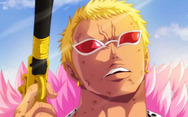 HD PC desktop wallpaper featuring Donquixote Doflamingo from the anime One Piece, showcasing his signature pink feather coat and red sunglasses against a blue sky.