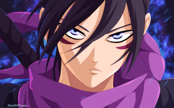 Close-up of Sonic (One-Punch Man) in anime style, piercing eyes and purple scarf amid blue energy — HD PC desktop wallpaper/background.