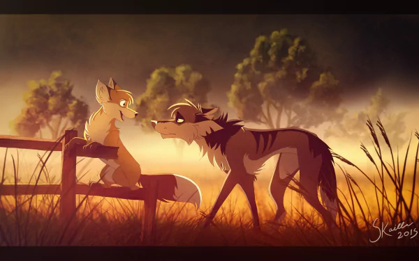 8K Ultra HD PC desktop wallpaper: a stylized fantasy animal scene of a fox on a bench and a wolf in glowing sunset grass.