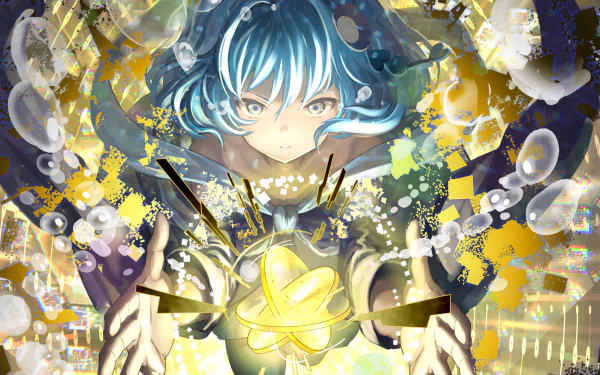 Underwater anime scene by Kiyoi Mizushima featuring Piruluk from WIXOSS, surrounded by glowing coins and dynamic light effects in vibrant HD detail.