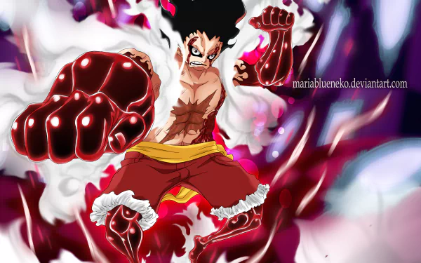HD PC wallpaper featuring Monkey D. Luffy in Gear Fourth pose from the anime One Piece, showcasing dynamic energy and powerful combat readiness.