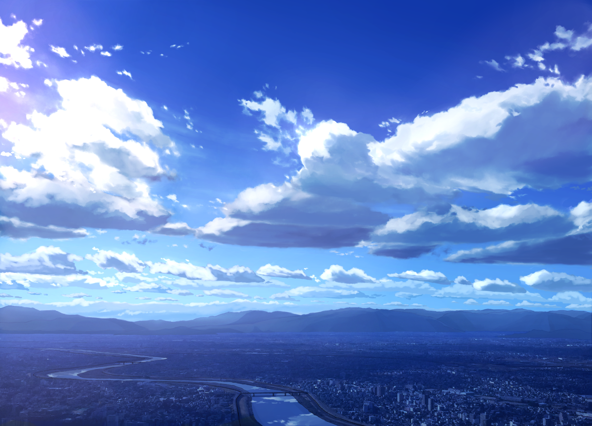 HD PC desktop wallpaper featuring original anime-style artwork of a vast blue sky with scattered clouds over a distant mountainous landscape.