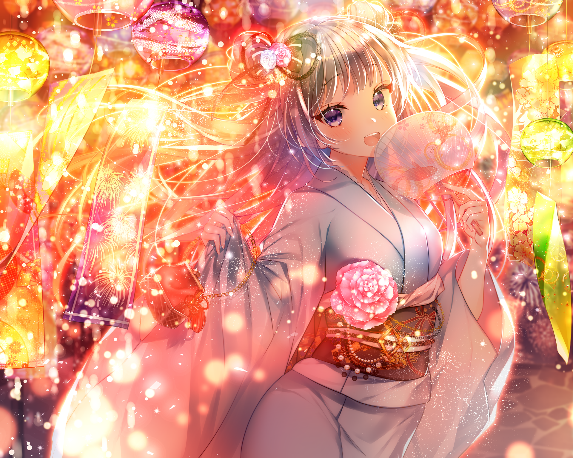 Leti (Teria Saga) in a glowing festival scene, wearing a white kimono with ornate obi, holding pink cotton candy amid colorful sparkles — 2K Quad HD PC desktop wallpaper.