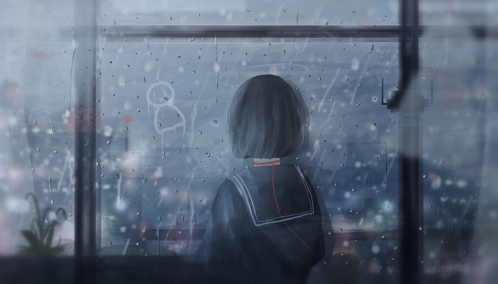 Anime-style HD desktop wallpaper of a short black-haired character viewed from behind, standing in the rain with raindrops on a window, capturing a moody original rain anime scene.