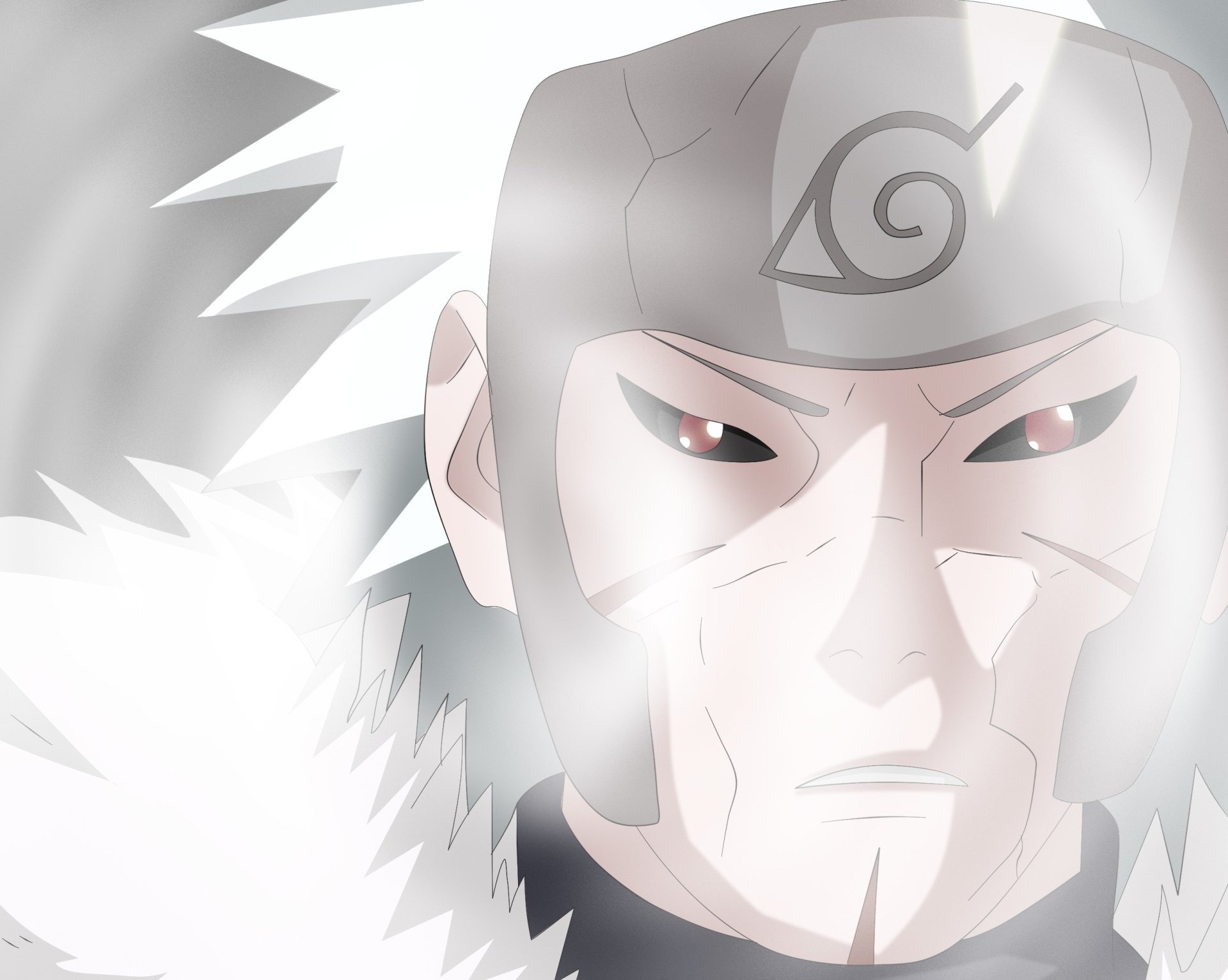 HD anime desktop wallpaper featuring Tobirama Senju from Naruto, showcasing his intense gaze and iconic forehead protector in a dramatic light.