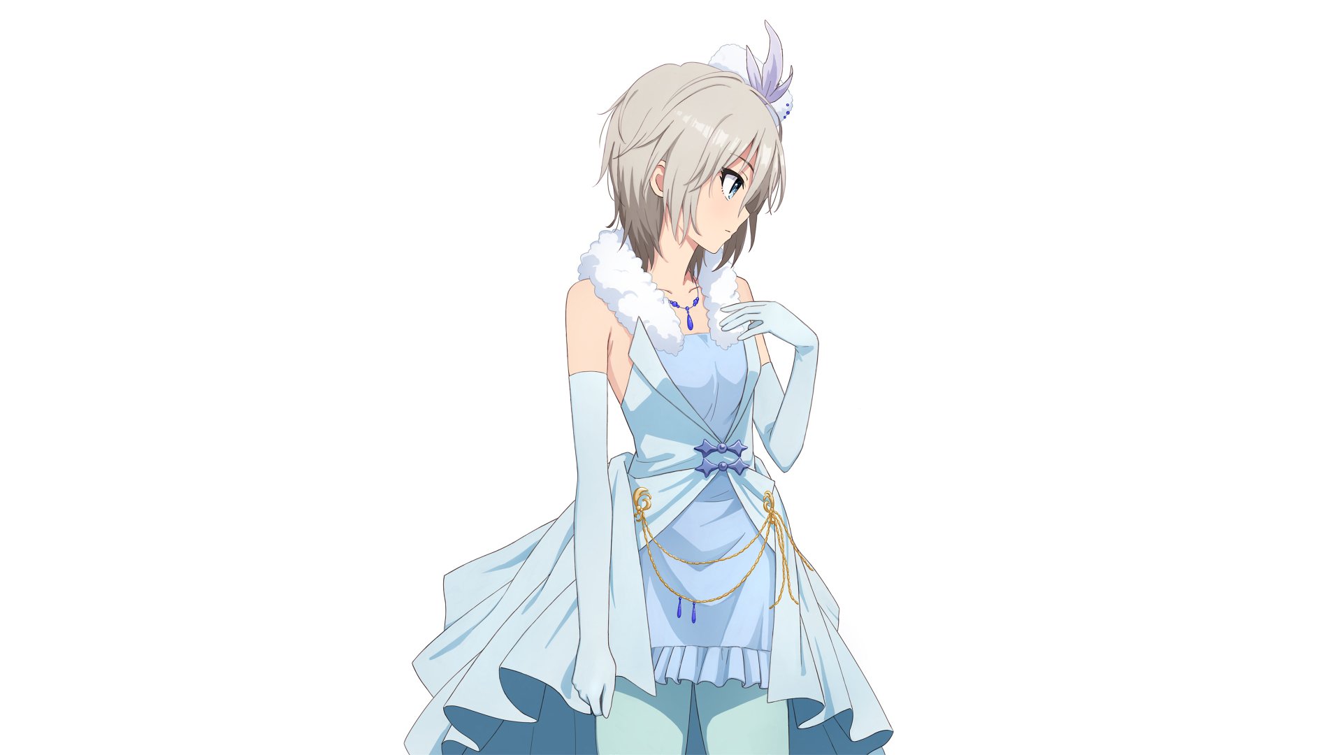 Anastasia from THE iDOLM@STER Cinderella Girls in an icy blue gown with long gloves and a feathered hairpiece, posed against a clean white backdrop — 4K Ultra HD PC desktop wallpaper.
