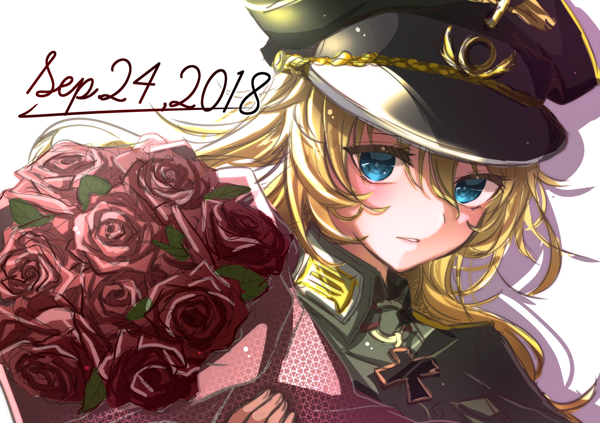 Tanya Degurechaff (The Saga of Tanya the Evil) — anime portrait in military hat and uniform, holding a bouquet of roses; vibrant 4K Ultra HD PC desktop wallpaper background.