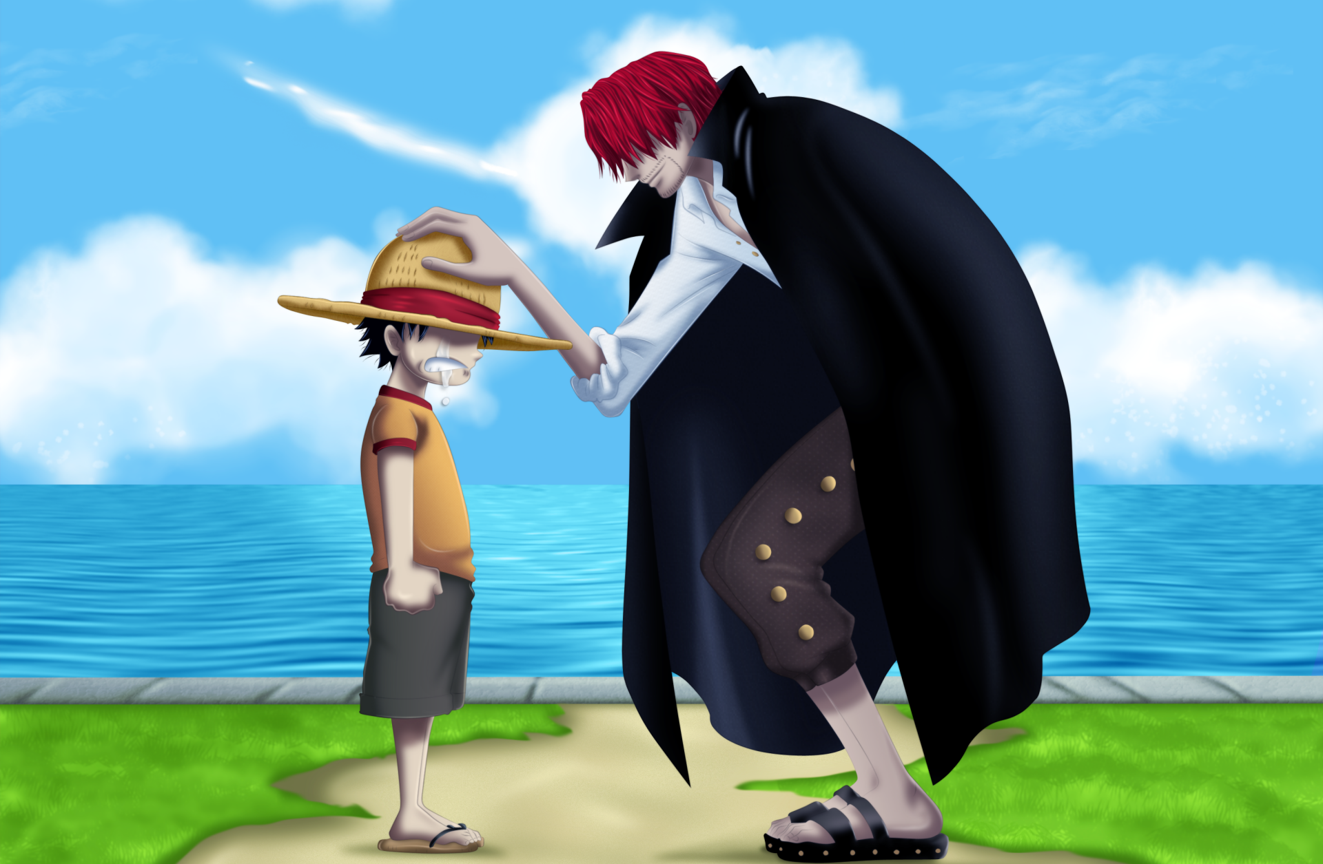 HD anime desktop wallpaper featuring Shanks and Monkey D. Luffy from One Piece, with Shanks placing his hand on young Luffy's head by the seaside under a bright blue sky.