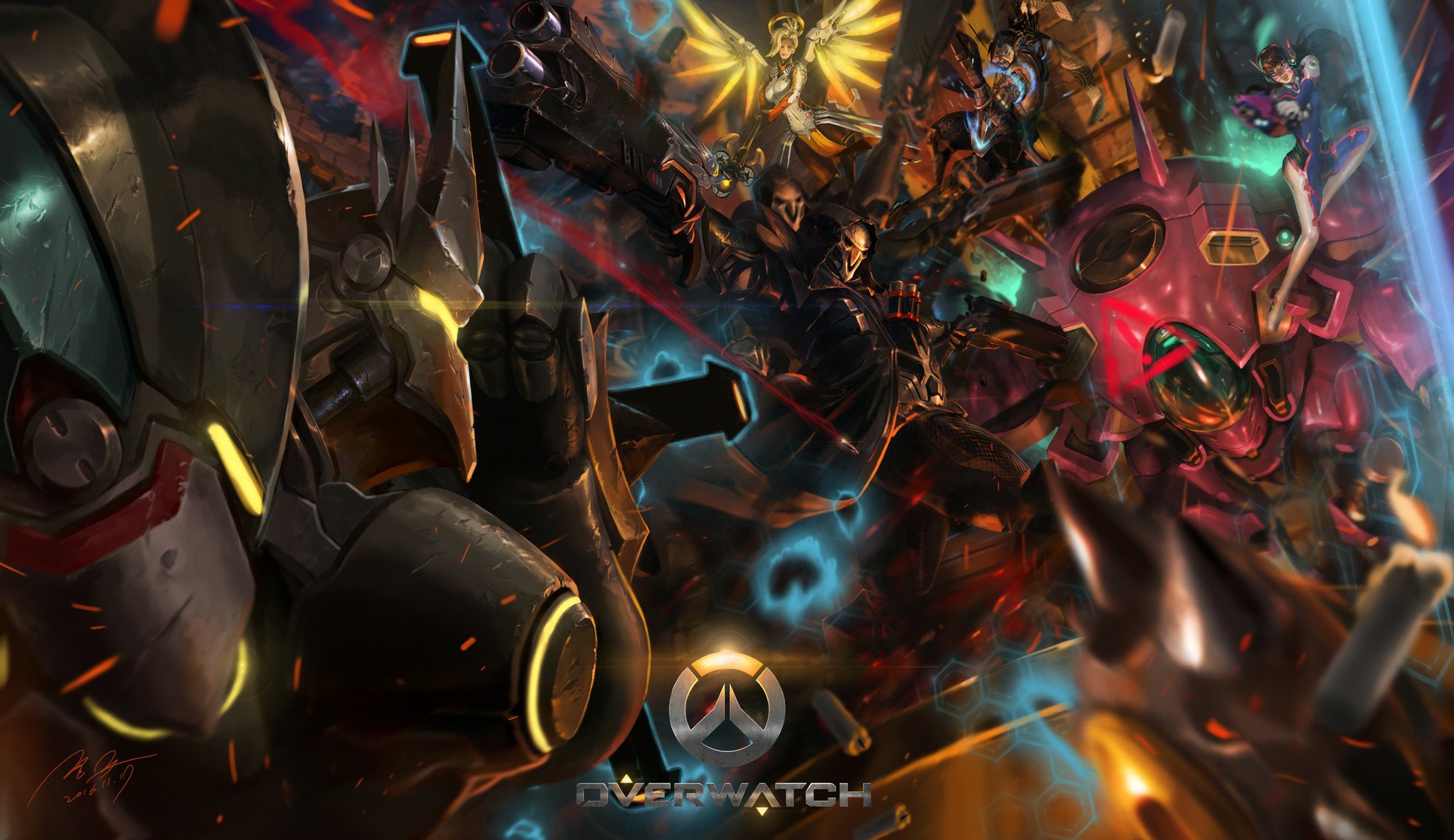 HD PC desktop wallpaper featuring Overwatch heroes D.Va, Hanzo, Reaper, Mercy, and Reinhardt in dynamic action from the video game Overwatch.