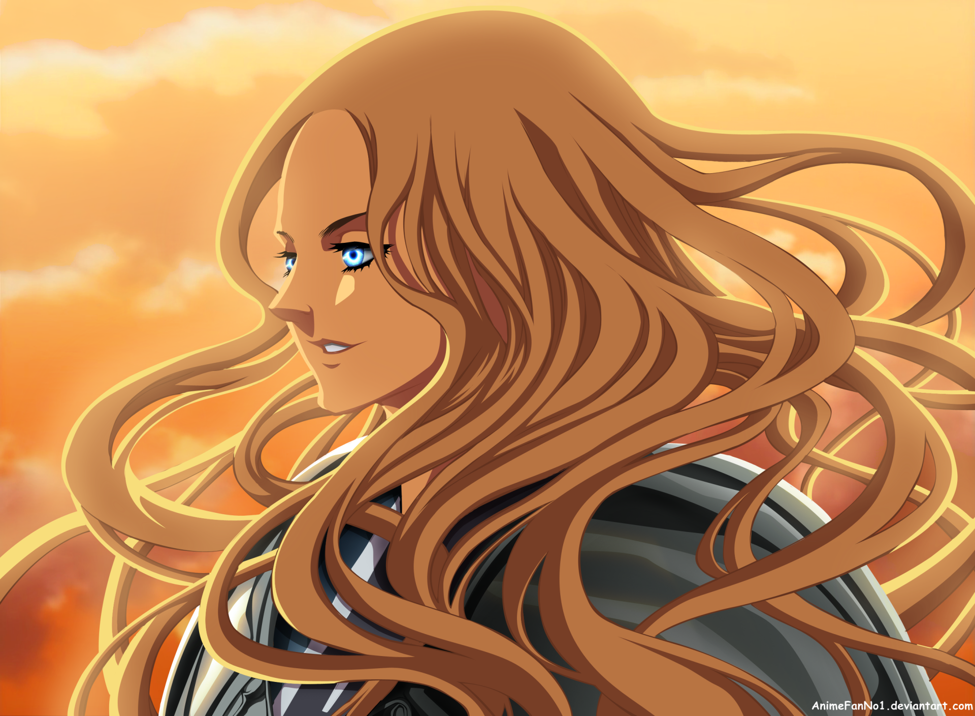 Teresa from Claymore anime with flowing hair against a warm, glowing sky in this HD PC desktop wallpaper and background.