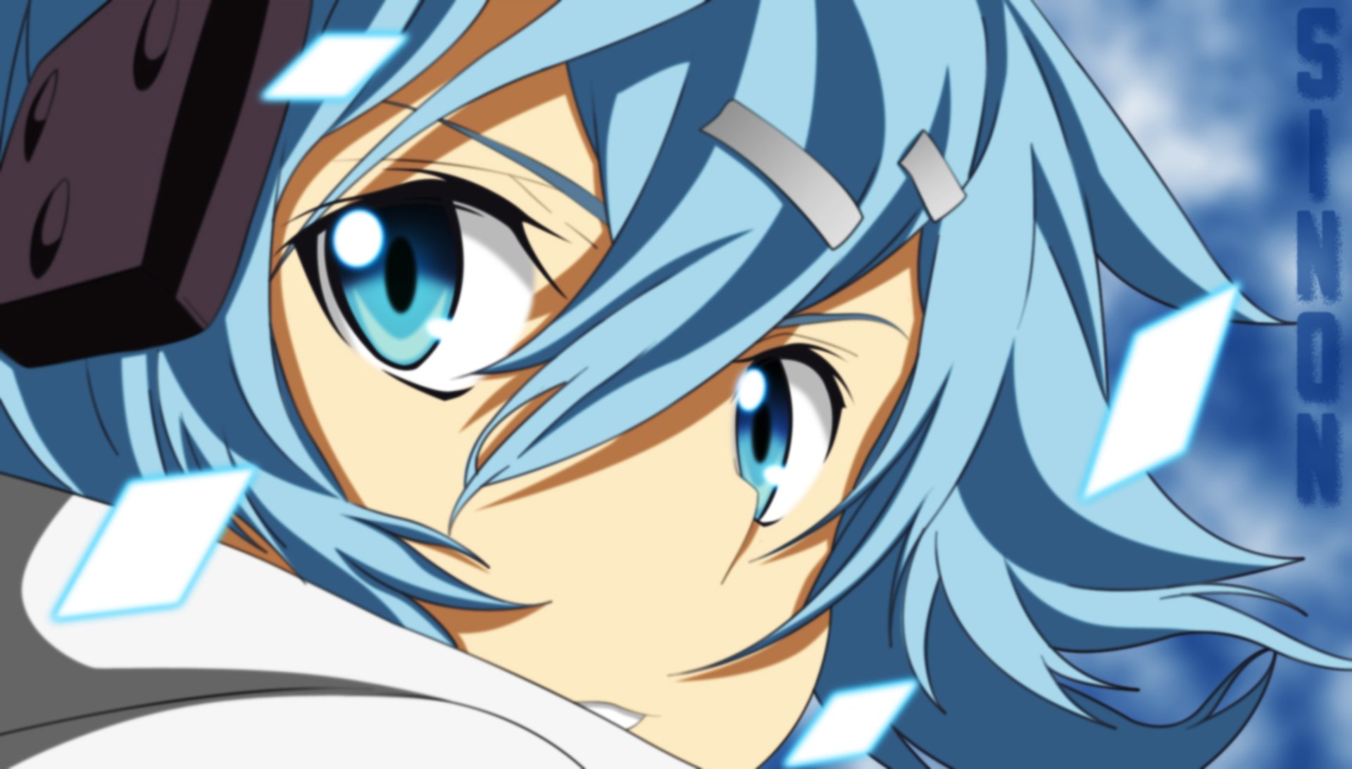 Shino Asada (Sinon) from Sword Art Online II, close-up with vibrant blue hair and eyes, floating shards over a cloudy sky — HD PC desktop wallpaper/background.