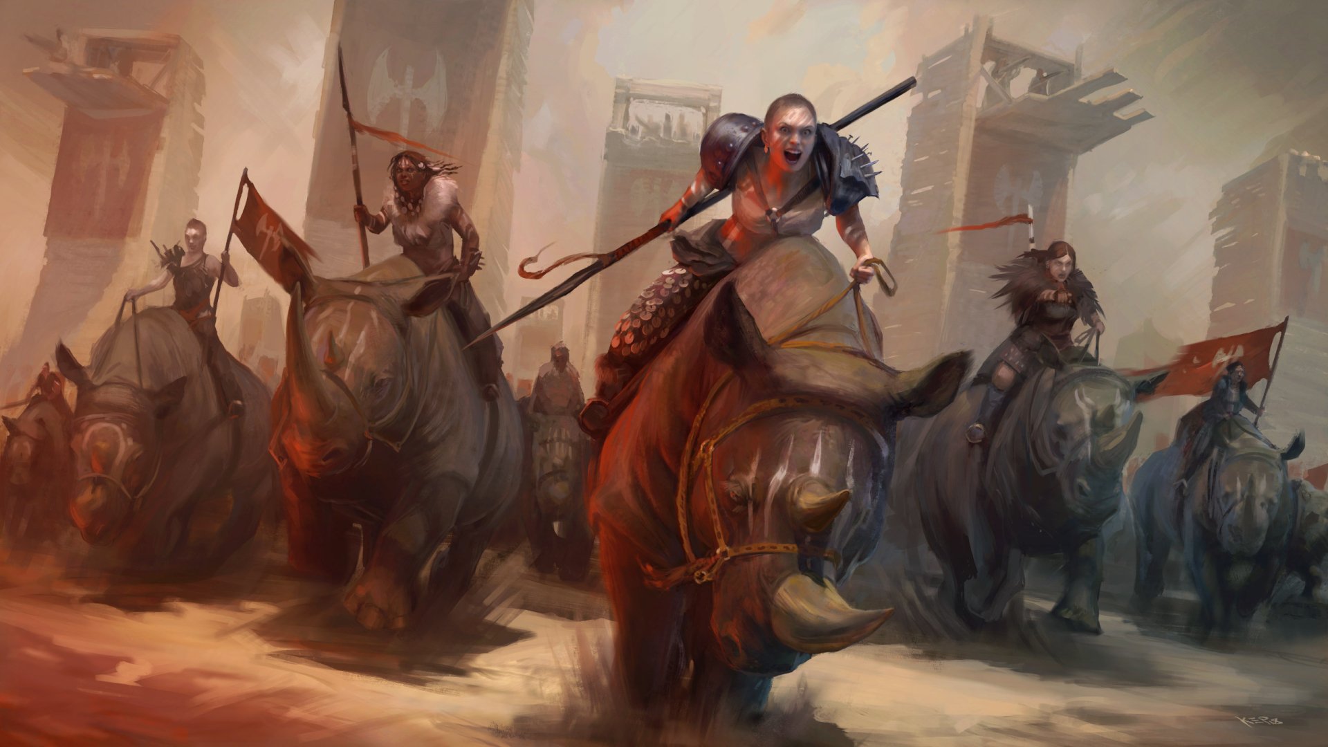Fantasy 2K Quad HD PC desktop wallpaper and background: woman warrior with spear leads a rhino-mounted charge through a dust-choked city, flanked by other rhino riders.