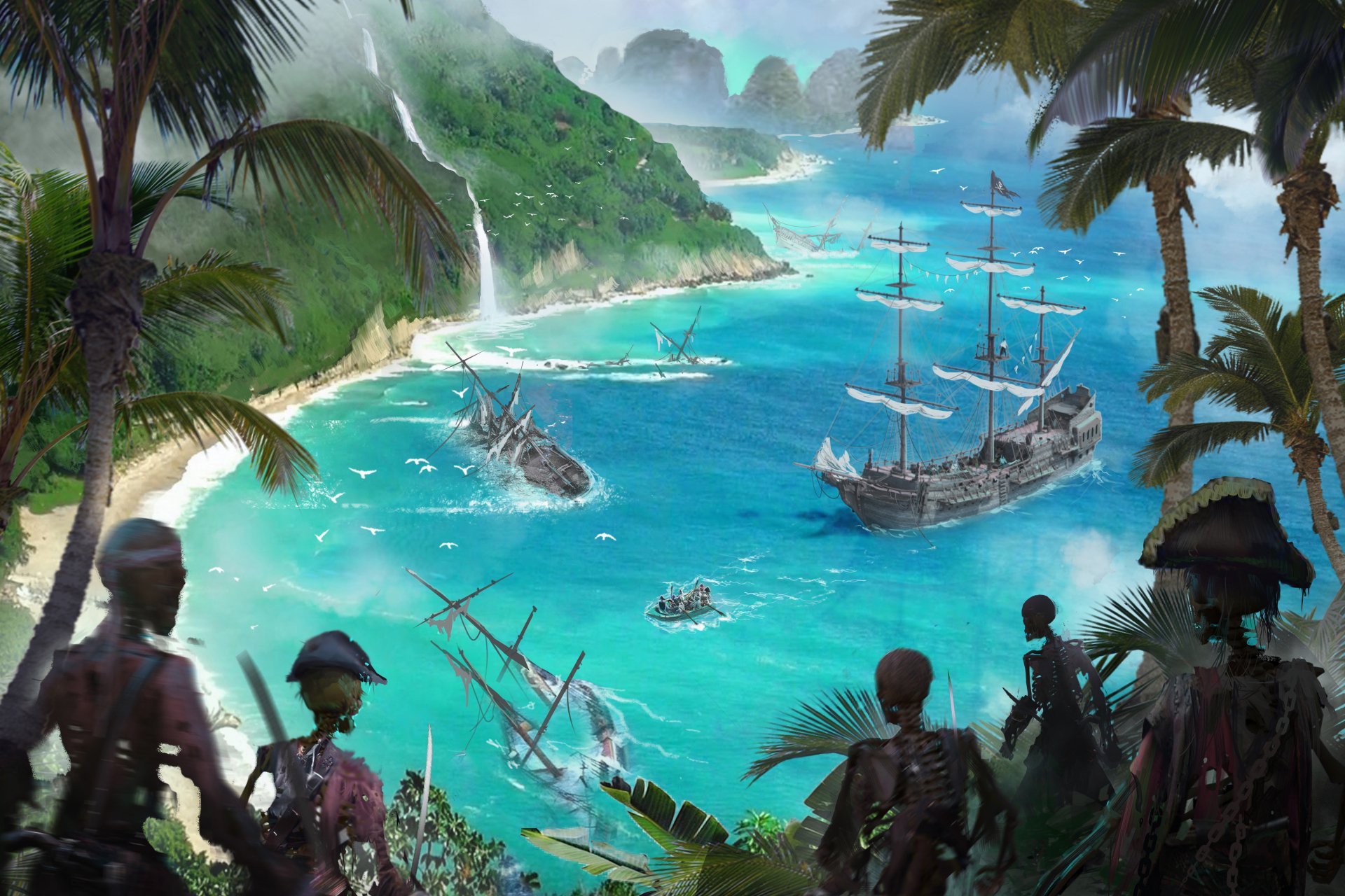4K Ultra HD fantasy pirate warrior scene showing undead figures overlooking a coastal shipwreck with sailing ships in turquoise waters surrounded by lush green cliffs.