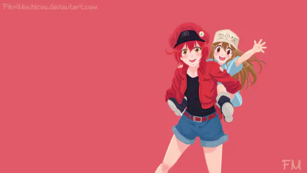 HD PC desktop wallpaper featuring anime characters from Cells at Work! with a red background, highlighting a confident female character carrying another cheerful character.