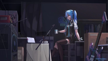 HD desktop wallpaper featuring Hatsune Miku, the popular Vocaloid character, in an anime art style, sitting in a dark room with music equipment and holding a cup.