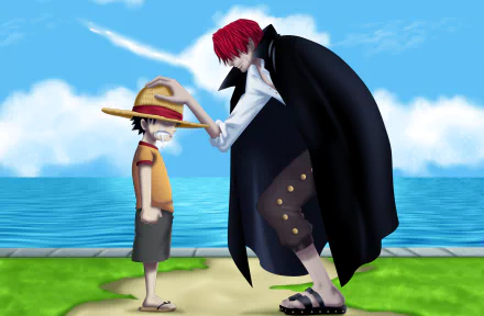 HD anime desktop wallpaper featuring Shanks and Monkey D. Luffy from One Piece, with Shanks placing his hand on young Luffy's head by the seaside under a bright blue sky.