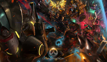 HD PC desktop wallpaper featuring Overwatch heroes D.Va, Hanzo, Reaper, Mercy, and Reinhardt in dynamic action from the video game Overwatch.