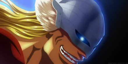 HD PC desktop wallpaper: Gerard Valkyrie from Bleach anime, close-up grinning with a glowing blue eye and metal helmet, golden hair spilling against a dark blue background.