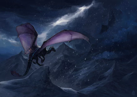 A majestic dragon soars over a snowy mountain landscape under a dark, stormy sky in this fantasy HD PC desktop wallpaper.
