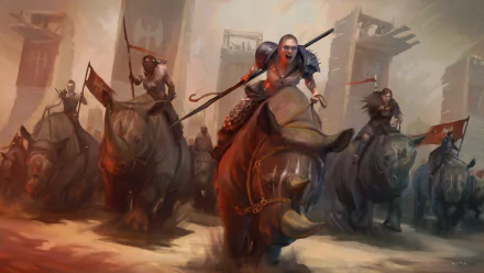 Fantasy 2K Quad HD PC desktop wallpaper and background: woman warrior with spear leads a rhino-mounted charge through a dust-choked city, flanked by other rhino riders.