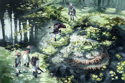 HD PC desktop wallpaper background — Stand Still Stay Silent comic: Ingrid Pedersen, Reynir Árnason, Emil & Siv Västerström and Lalli Hotakainen approach a mossy, giant forest creature.
