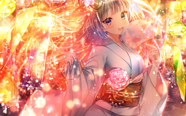 Leti (Teria Saga) in a glowing festival scene, wearing a white kimono with ornate obi, holding pink cotton candy amid colorful sparkles — 2K Quad HD PC desktop wallpaper.