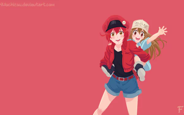 HD PC desktop wallpaper featuring anime characters from Cells at Work! with a red background, highlighting a confident female character carrying another cheerful character.